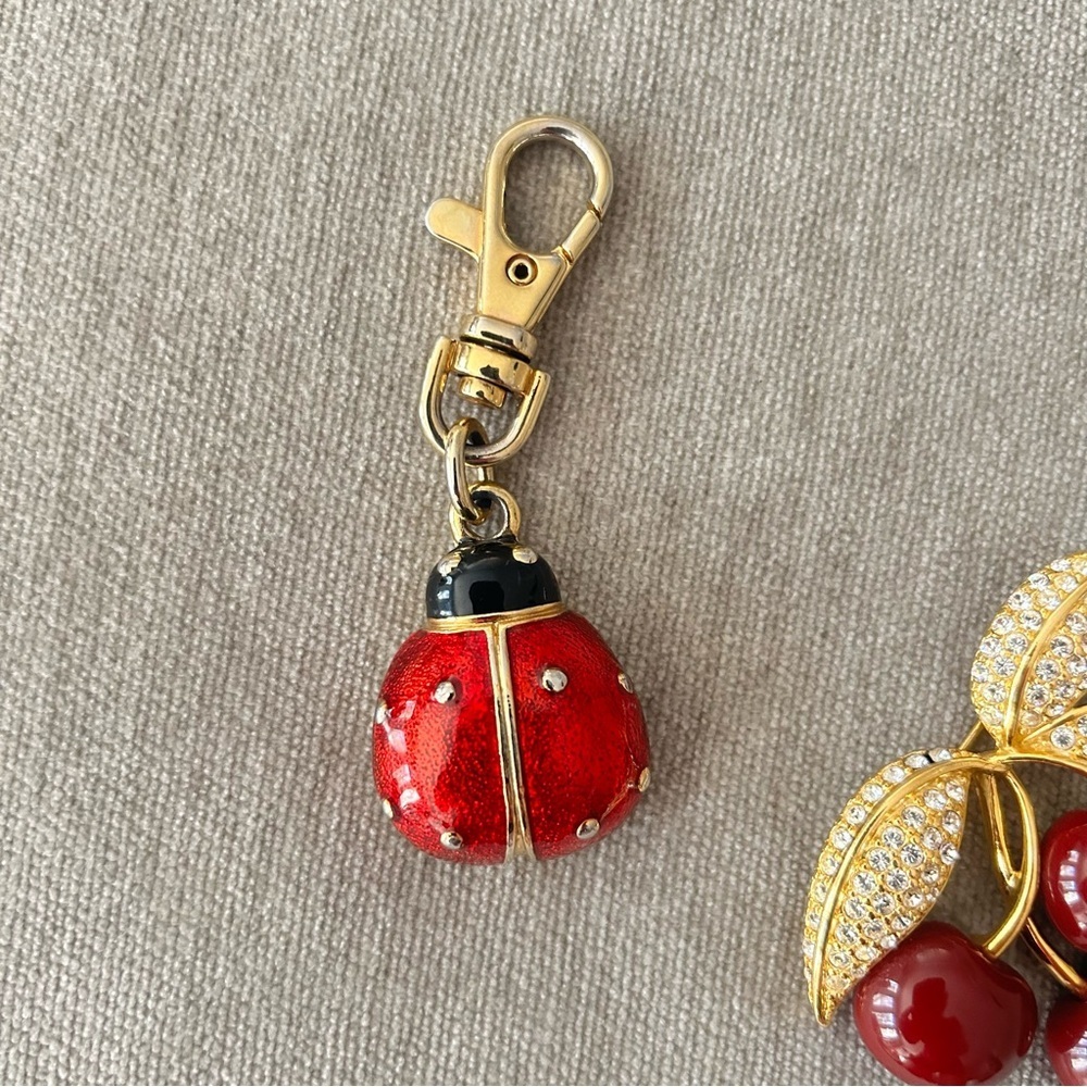 Joan’s River Cherry Brooch Pin with Red Enamel Cherries and Ladybug purse charm - Picture 2 of 5